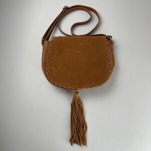 Boho Style Faux Suede Crossbody Bag W/ Fringe Tassel Adjustable Strap Tan Brown